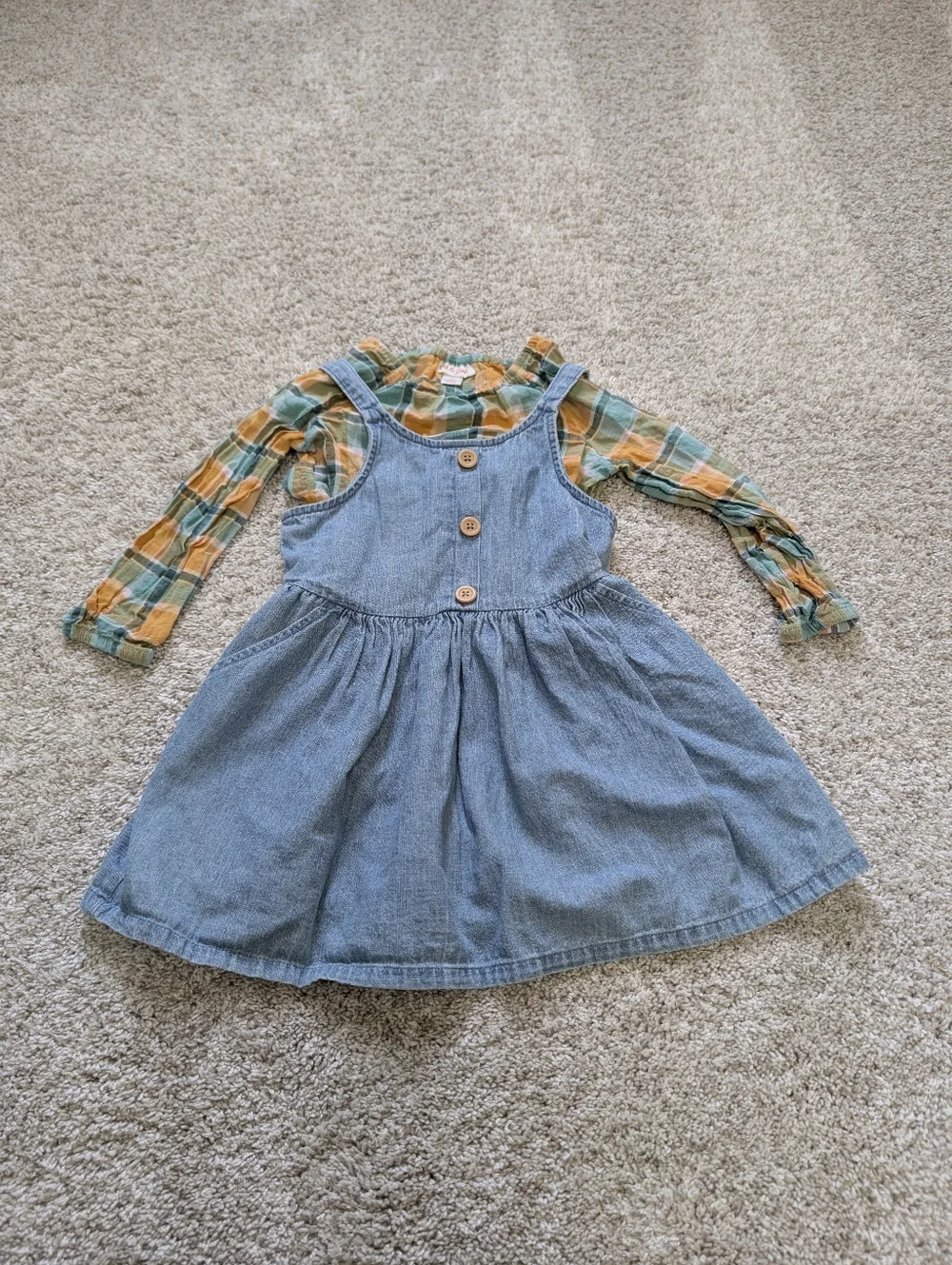 Cat & Jack Denim Pinafore Dress with Plaid Long-Sleeve Top  - 3T